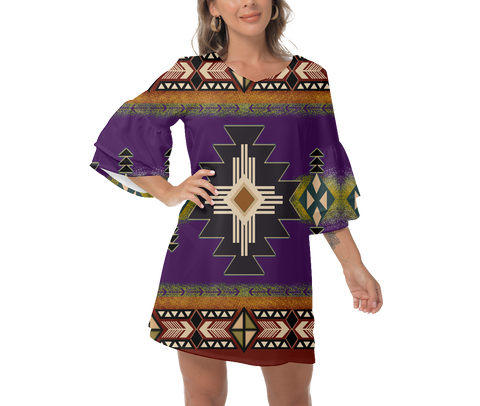 Powwow StoreGBNAT000104 Native  Design Print Women's VNeck Dresss