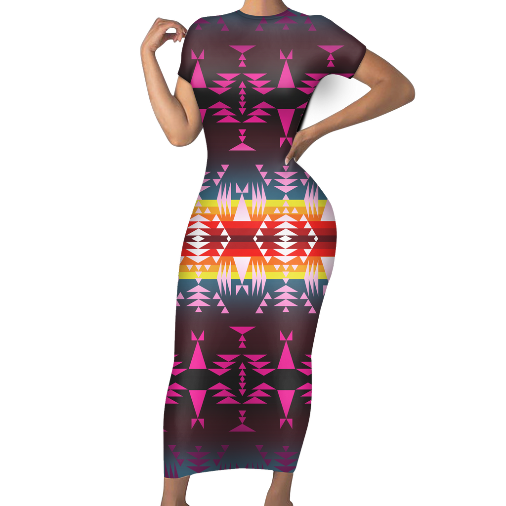 Powwow StoreGBNAT00654  Native Tribes Pattern Native American ShortSleeved Body Dress