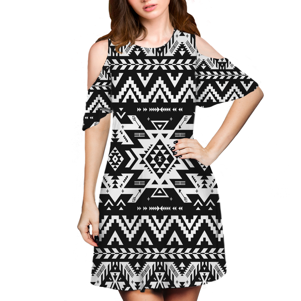 Powwow StoreGBNAT00441 Pattern Native Cold Shoulder Dress With A Round Neckline