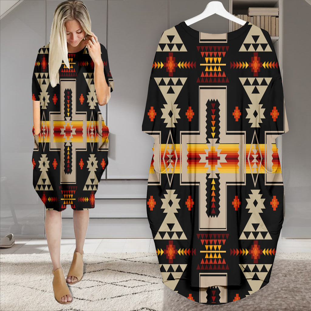 Powwow StoreGBNAT0006201 Pattern Native Batwing Pocket Midi Dress