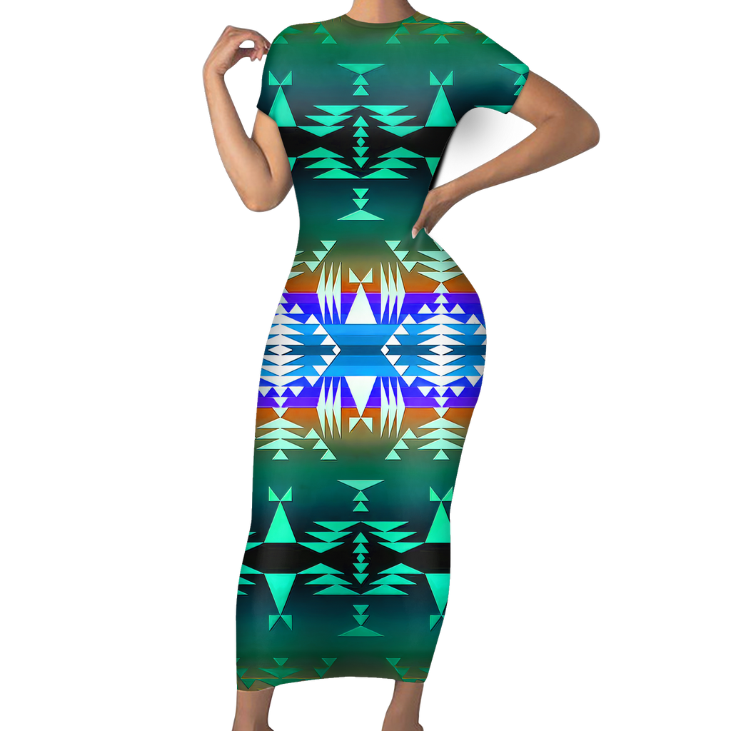 Powwow StoreGBNAT00654  Native Tribes Pattern Native American ShortSleeved Body Dress