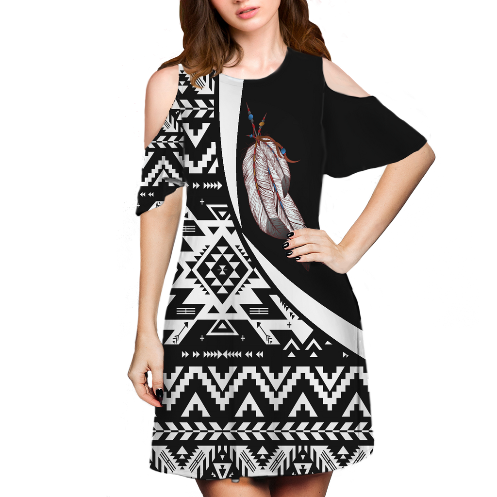 Powwow StoreCSDR0014 Pattern Native Cold Shoulder Dress With A Round Neckline