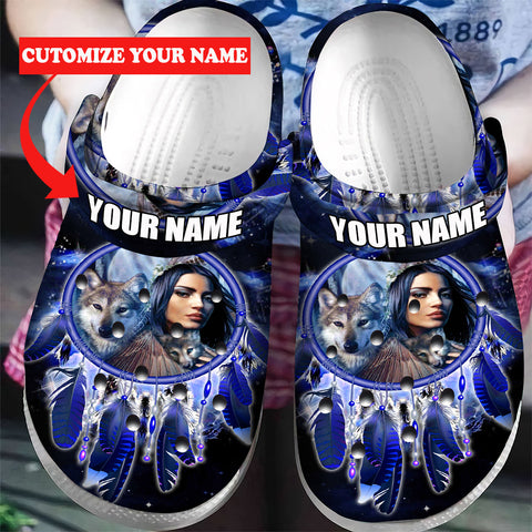 GB-NAT00355 Native Girl Dream Catcher Blue Galaxy Custom Name Crocs Clogs Shoes