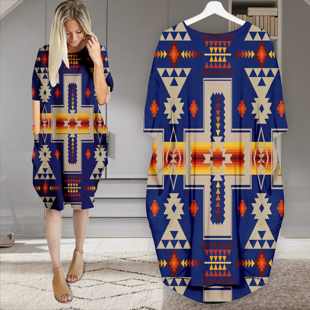 Powwow StoreGBNAT0006204 Pattern Native Batwing Pocket Midi Dress