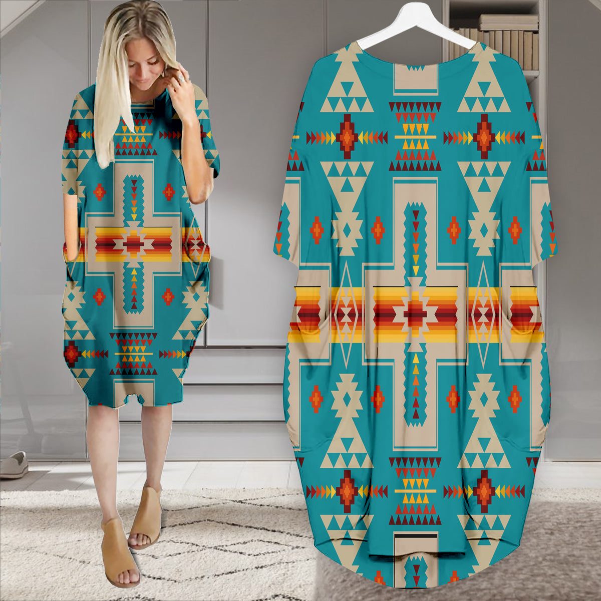 Powwow StoreGBNAT0006205 Pattern Native Batwing Pocket Midi Dress