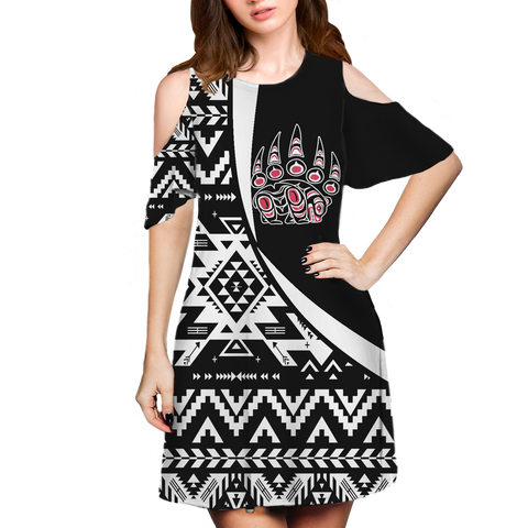 Powwow StoreCSDR0017 Pattern Native Cold Shoulder Dress With A Round Neckline