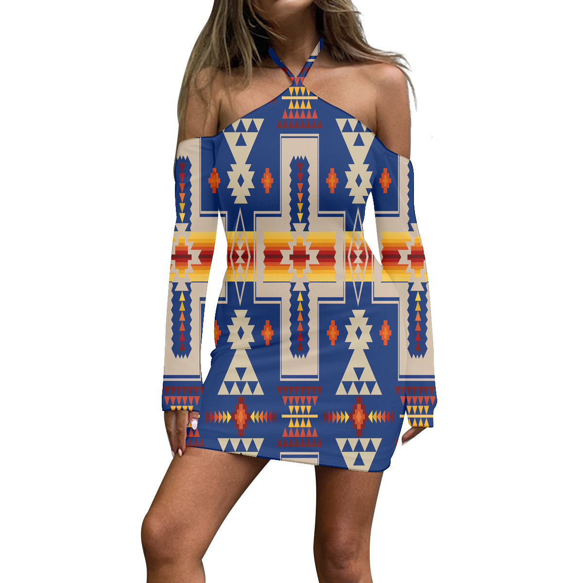 Powwow StoreGBNAT0006204 Pattern Native Women’s Stacked Hem Dress With Short Sleeve