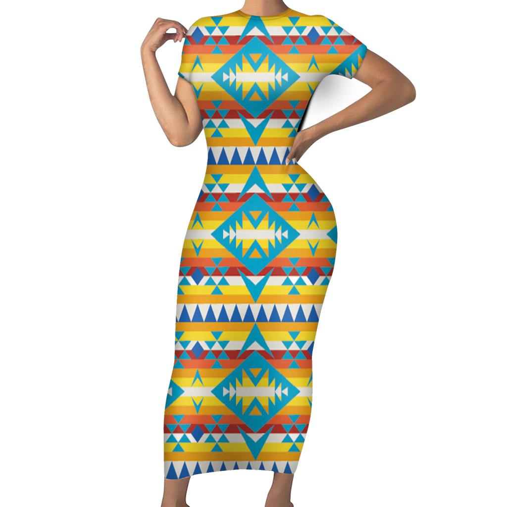 Powwow StoreGBNAT00667  Native Tribes Pattern Native American ShortSleeved Body Dress