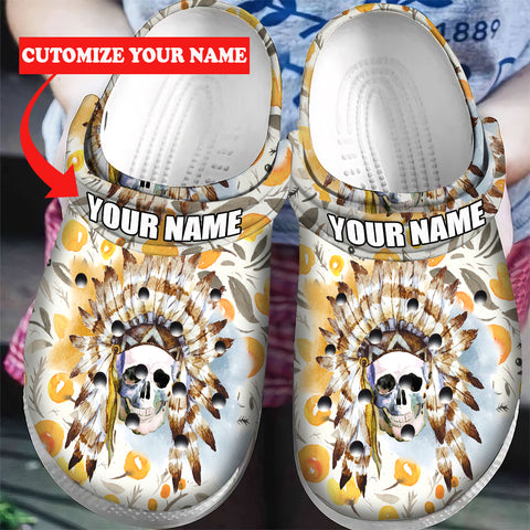 GB-NAT00366 Skull Chief Headdress Feathers Custom Name Crocs Clogs Shoes