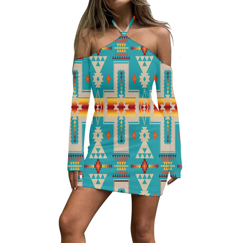 GB-NAT00062-05 Pattern Native Women’s Stacked Hem Dress With Short Sleeve