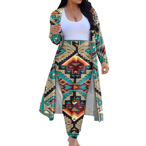 GB-NAT00016 Tribe Design Native American Cardigan Coat Long Pant Set