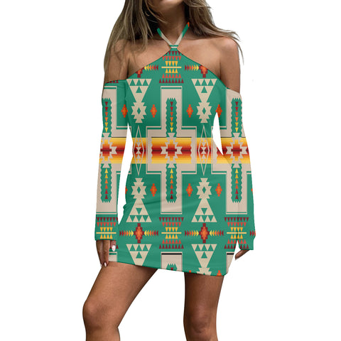 GB-NAT00062-06 Pattern Native Women’s Stacked Hem Dress With Short Sleeve