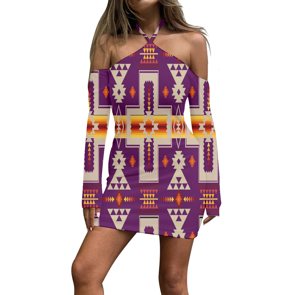 Powwow StoreGBNAT0006207 Pattern Native Women’s Stacked Hem Dress With Short Sleeve