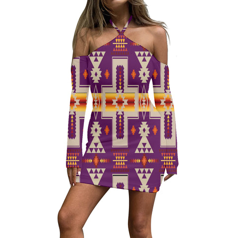 GB-NAT00062-07 Pattern Native Women’s Stacked Hem Dress With Short Sleeve