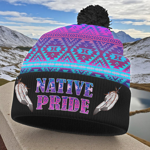 3AMSZZ22-04 Feather Native American Knitted Hat With Pom-Pom