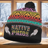 3AMSZZ22-06 Feather Native American Knitted Hat With Pom-Pom