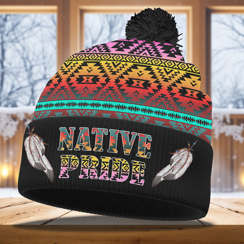 3AMSZZ22-06 Feather Native American Knitted Hat With Pom-Pom