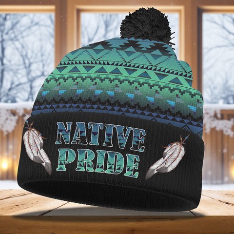 3AMSZZ22-07 Feather Native American Knitted Hat With Pom-Pom