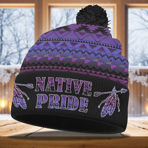 3AMSZZ22-09 Feather Native American Knitted Hat With Pom-Pom