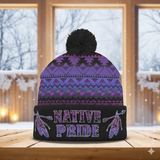 3AMSZZ22-09 Feather Native American Knitted Hat With Pom-Pom
