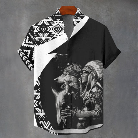 3MCSFY71M04 Chief and Wolf Native American Men Stand Collar Shirt