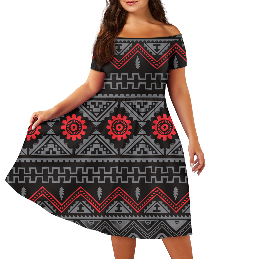 Powwow StoreGBNAT00595 Pattern Native Off Shoulder Short Sleeved Dress