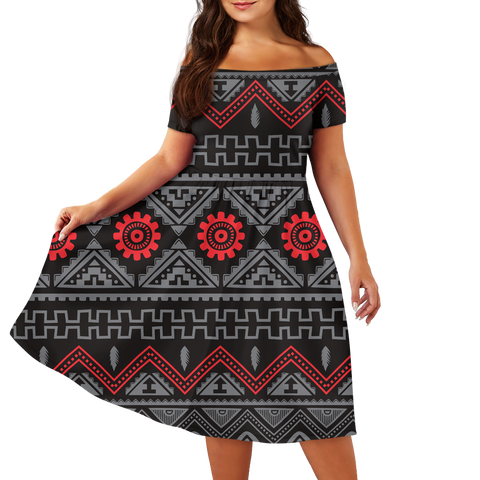 Powwow StoreGBNAT00595 Pattern Native Off Shoulder Short Sleeved Dress