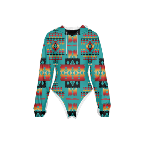 Powwow StoreGBNAT0004601 Tribes Pattern Women's Raglan Sleeve Hooded Bodysuit