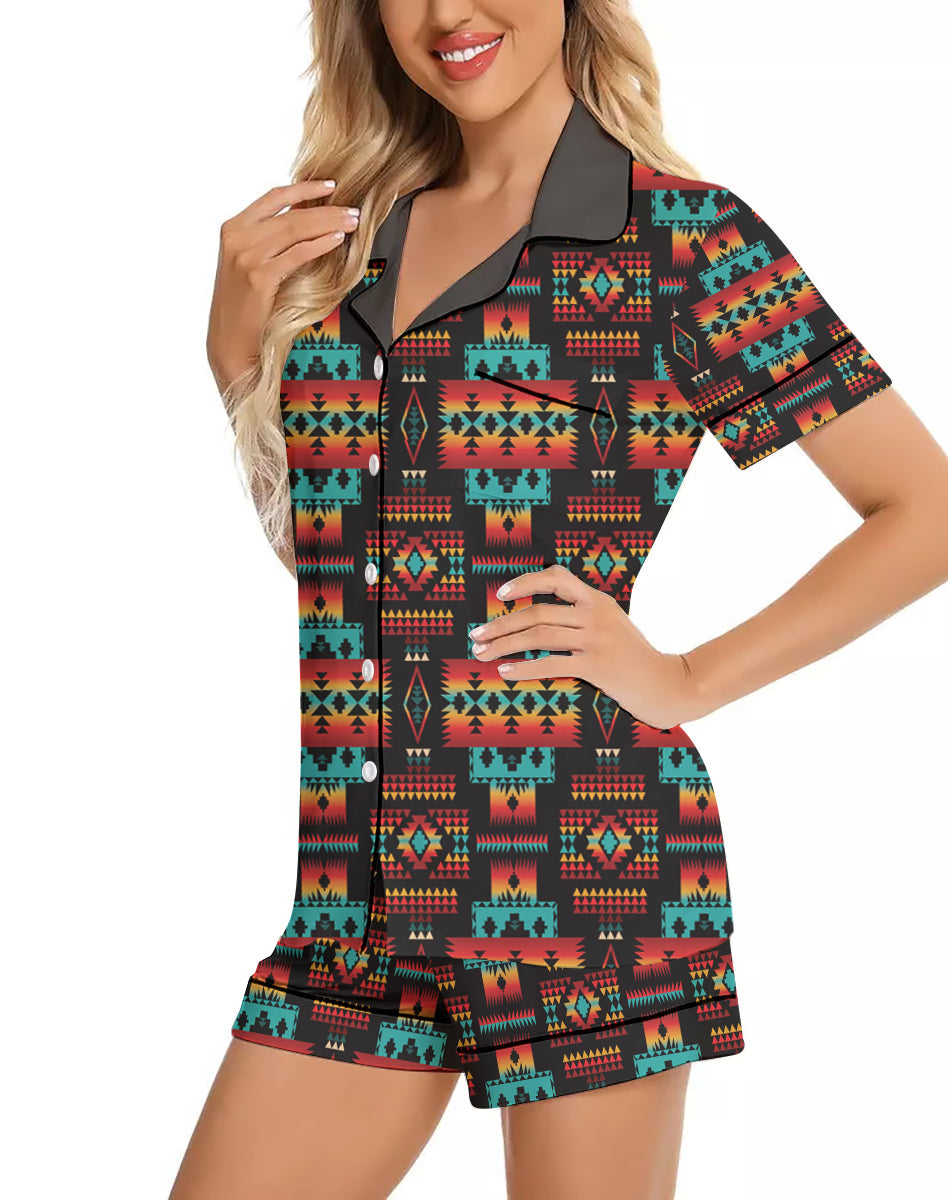Powwow StoreGBNAT0004602 Pattern Native American 3D Imitation Silk Pajamas Set with Shorts