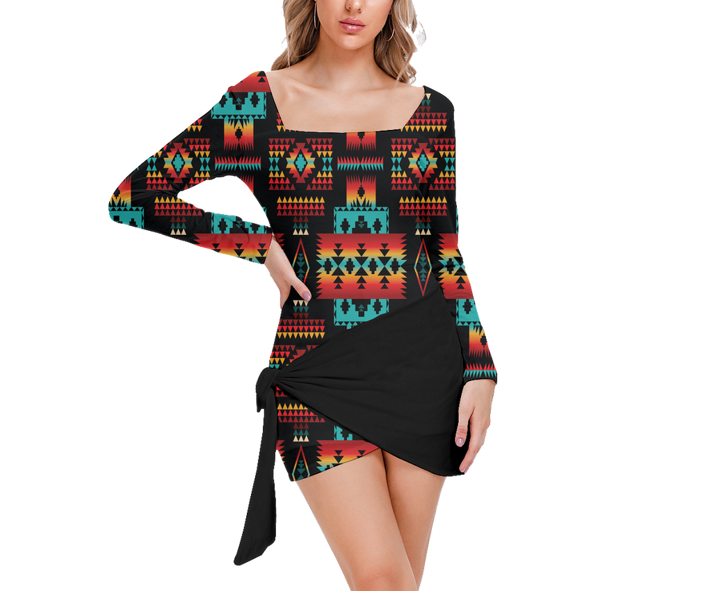 Powwow StoreGBNAT0004602 Pattern Native Women’s Square Collar Dress With Long Sleeve