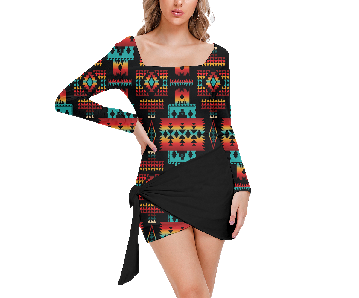 Powwow StoreGBNAT0004602 Pattern Native Women’s Square Collar Dress With Long Sleeve