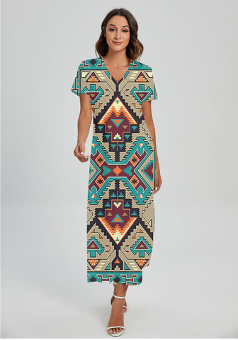 Powwow StoreGBNAT00016 Pattern Native Vneck Dress With Side Slit