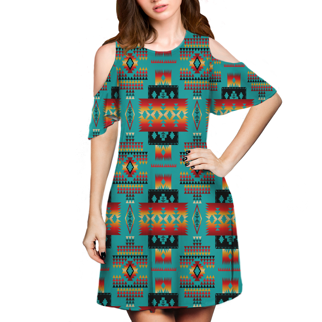 Powwow StoreGBNAT0004601 Pattern Native Cold Shoulder Dress With A Round Neckline