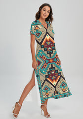 Powwow Storegb nat00016 pattern native v neck dress with side slit