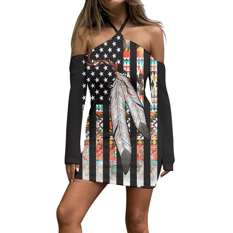 GB-NAT00108 Pattern Native Women’s Stacked Hem Dress With Short Sleeve
