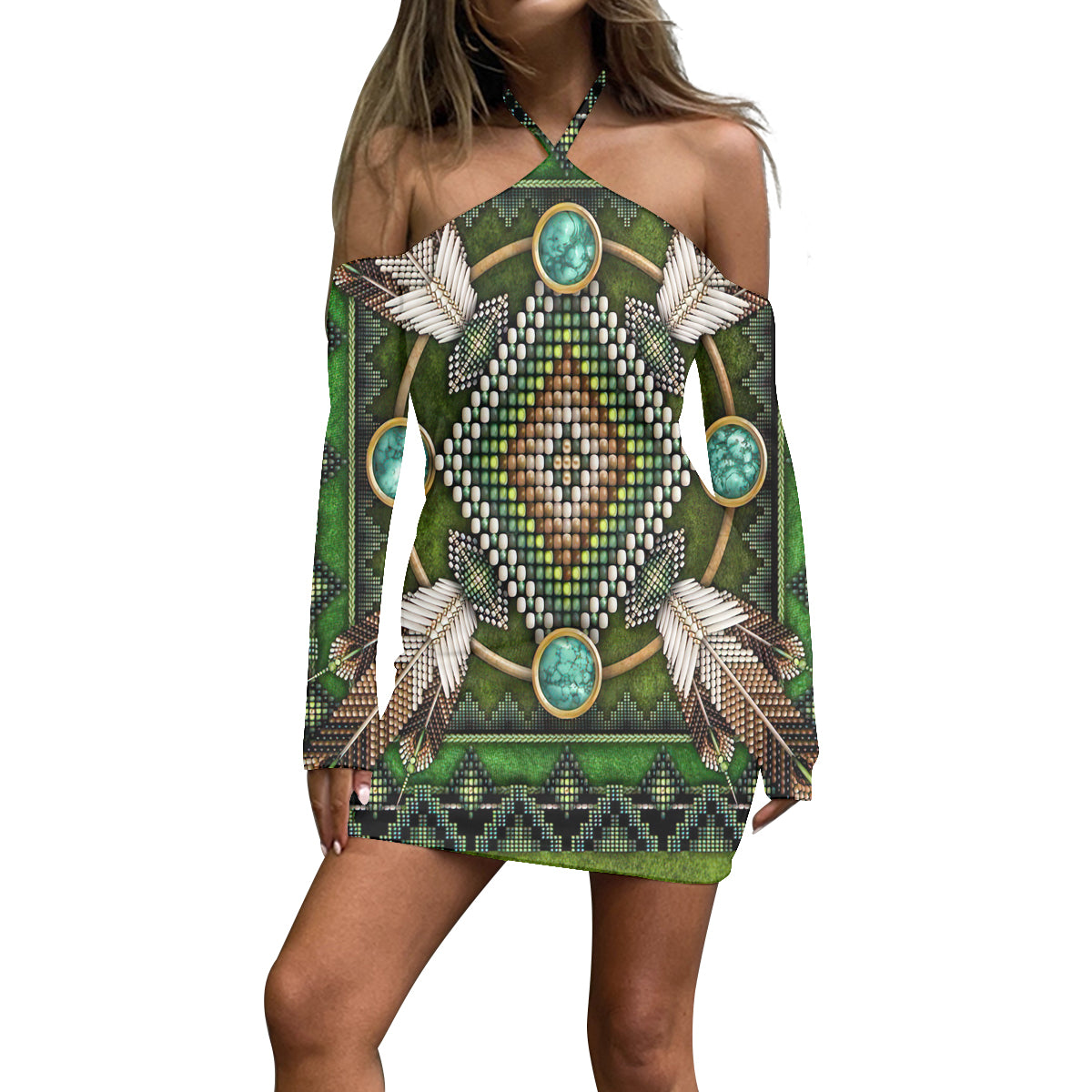 Powwow StoreGBNAT00023 Pattern Native Women’s Stacked Hem Dress With Short Sleeve