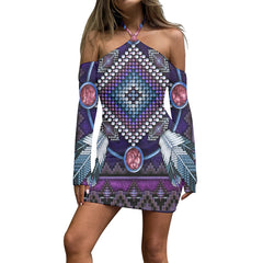Powwow StoreGBNAT0002303 Pattern Native Women’s Stacked Hem Dress With Short Sleeve