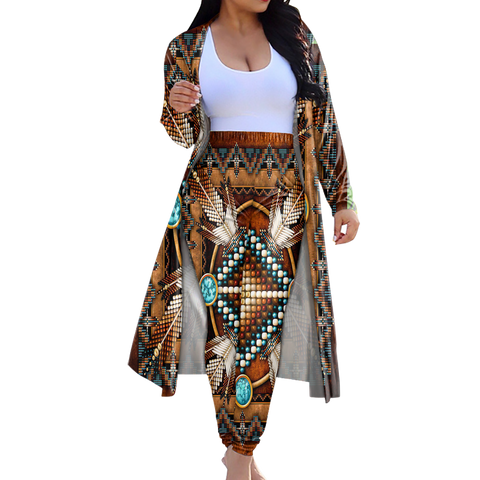 GB-NAT00023-04 Tribe Design Native American Cardigan Coat Long Pant Set