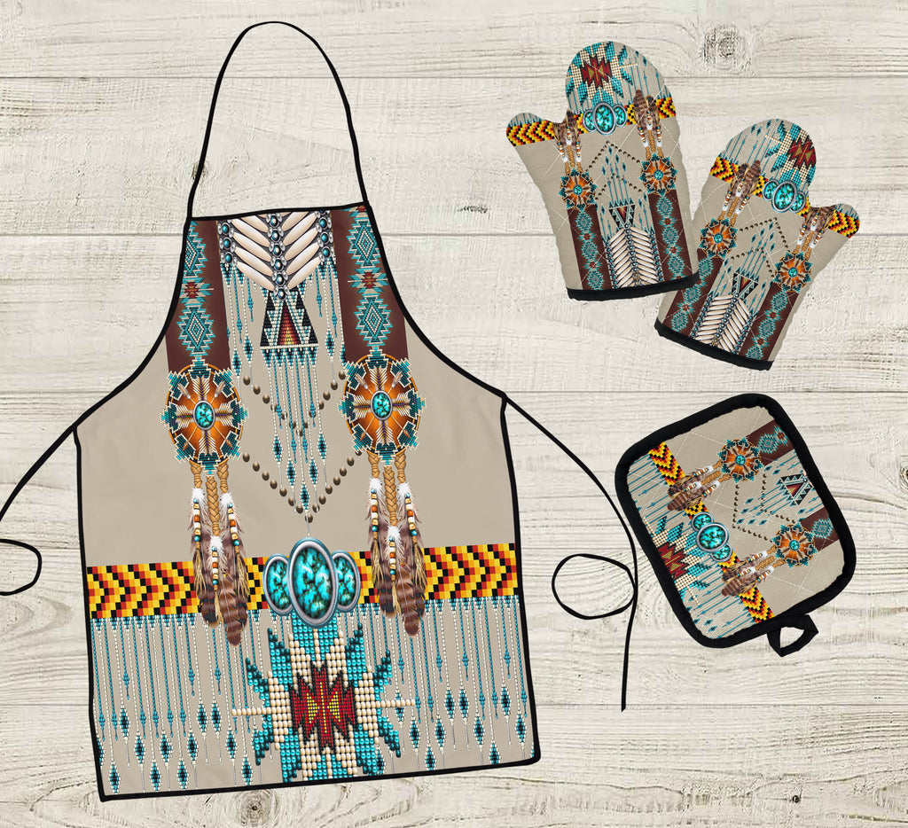 GB-NAT00069 Turquoise Blue Pattern Breastplate Native American Apron & Oven Mitts And Potholder Set