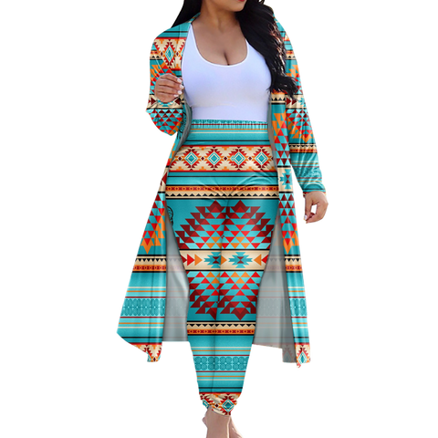 GB-NAT00087-02 Tribe Design Native American Cardigan Coat Long Pant Set