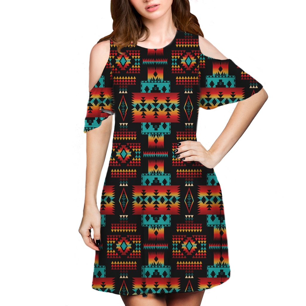 Powwow StoreGBNAT0004602 Pattern Native Cold Shoulder Dress With A Round Neckline