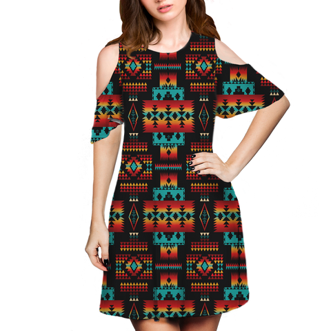 Powwow StoreGBNAT0004602 Pattern Native Cold Shoulder Dress With A Round Neckline