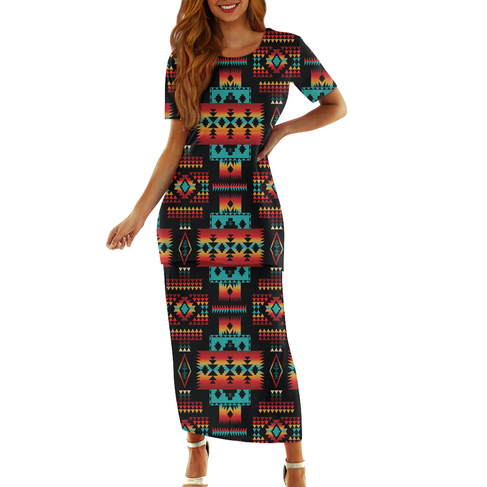 Powwow StoreGBNAT0004602 Pattern Native Guinea Style Maxi Dress Set