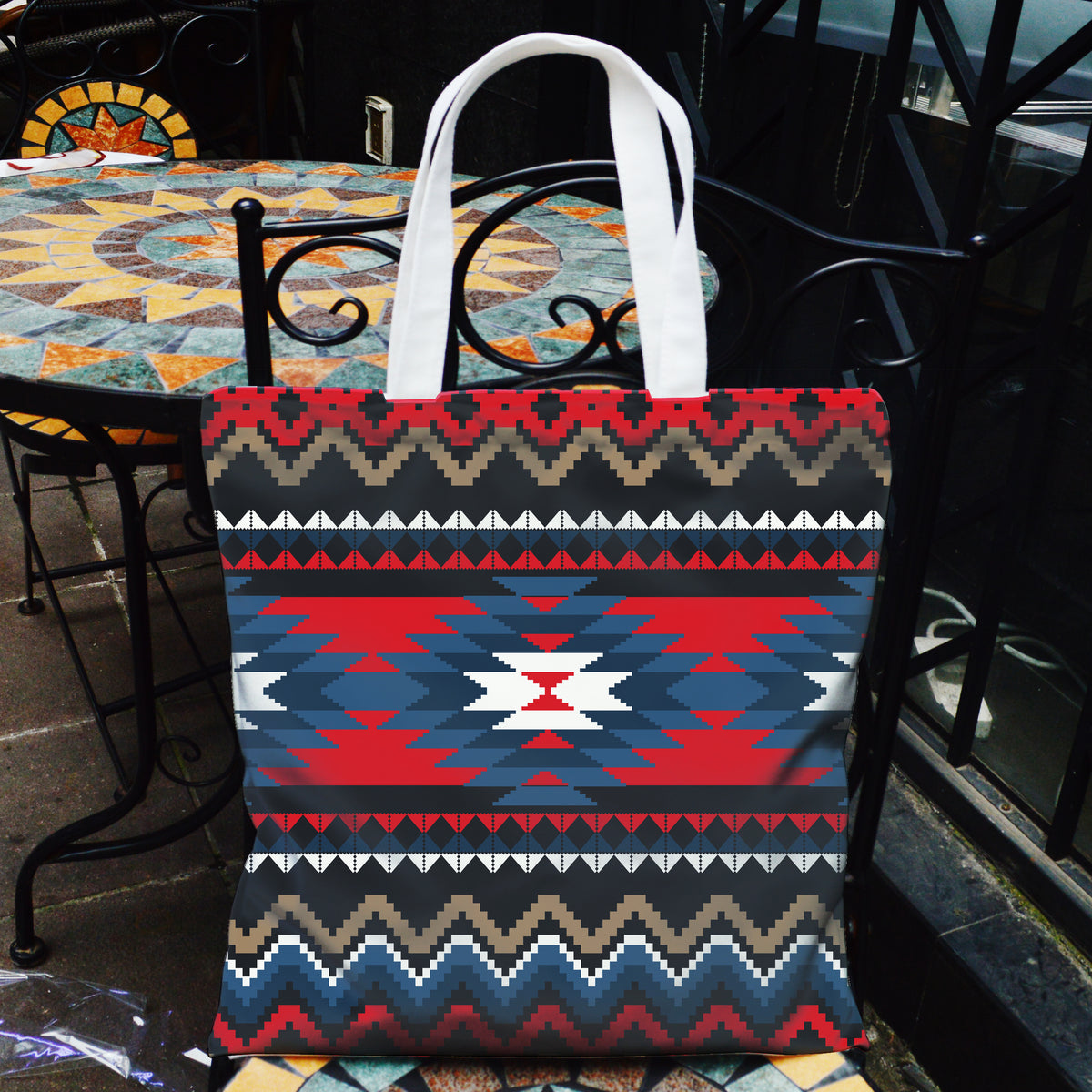 GB-NAT00529 White Tribes Pattern Native American Pocket Canvas Bag