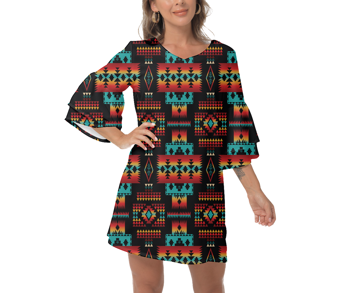 Powwow StoreGBNAT0004602 Native  Design Print Women's VNeck Dresss