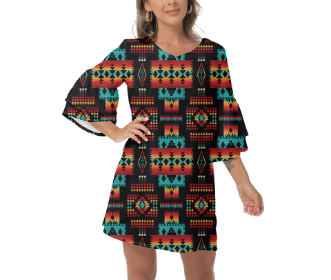 Powwow StoreGBNAT0004602 Native  Design Print Women's VNeck Dresss