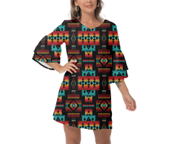 Powwow StoreGBNAT0004602 Native  Design Print Women's VNeck Dresss
