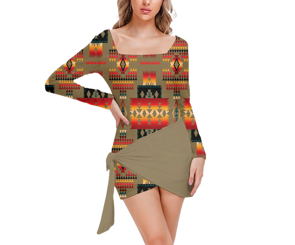 Powwow StoreGBNAT0004604 Pattern Native Women’s Square Collar Dress With Long Sleeve