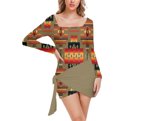 Powwow StoreGBNAT0004604 Pattern Native Women’s Square Collar Dress With Long Sleeve