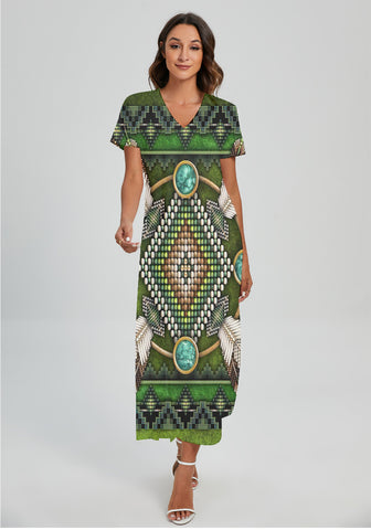 Powwow StoreGBNAT00023 Pattern Native Vneck Dress With Side Slit